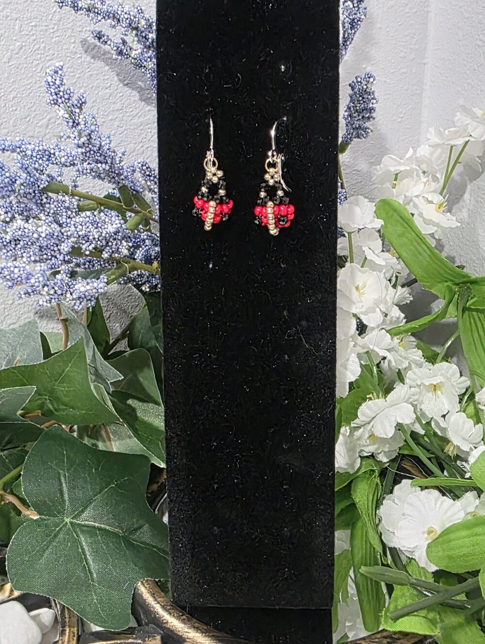 Handcrafted Red Beaded Ladybug Drop Earrings